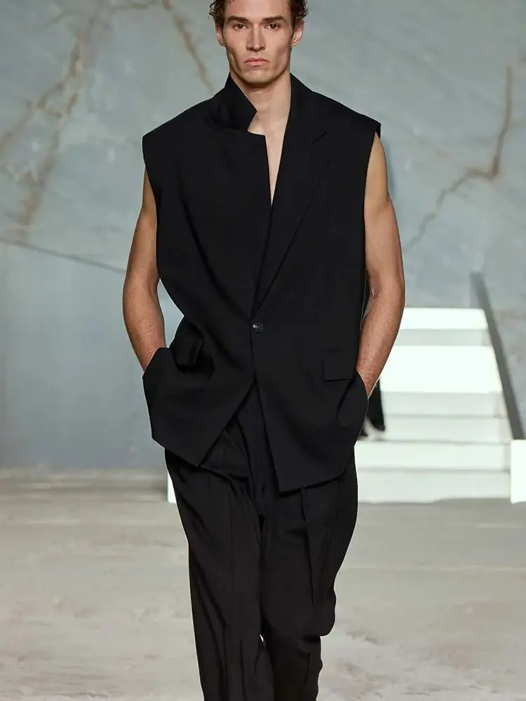 Fashion Black Single-Breasted Notch Lapel Oversized Vest & Pants Men 2 Piece Set Office Casual Party Male Clothing Outfits
