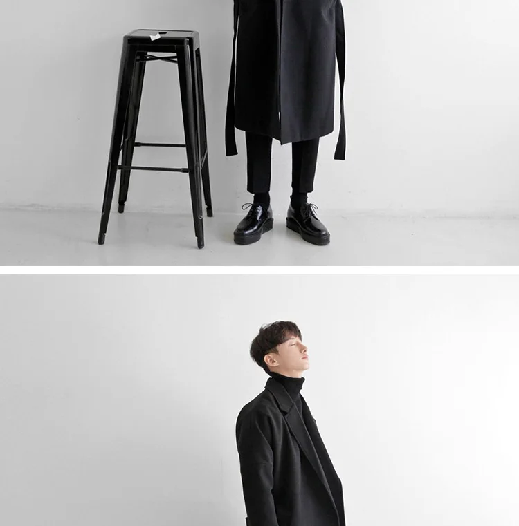 YASUGUOJI Cardigans Blends Coat with Belt Overcoat Male Winter Coat New Black Turn-down Collar Long Coat Men's Clothing