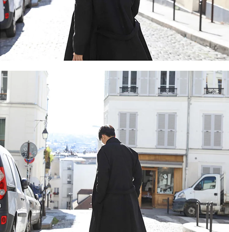 YASUGUOJI Cardigans Blends Coat with Belt Overcoat Male Winter Coat New Black Turn-down Collar Long Coat Men's Clothing