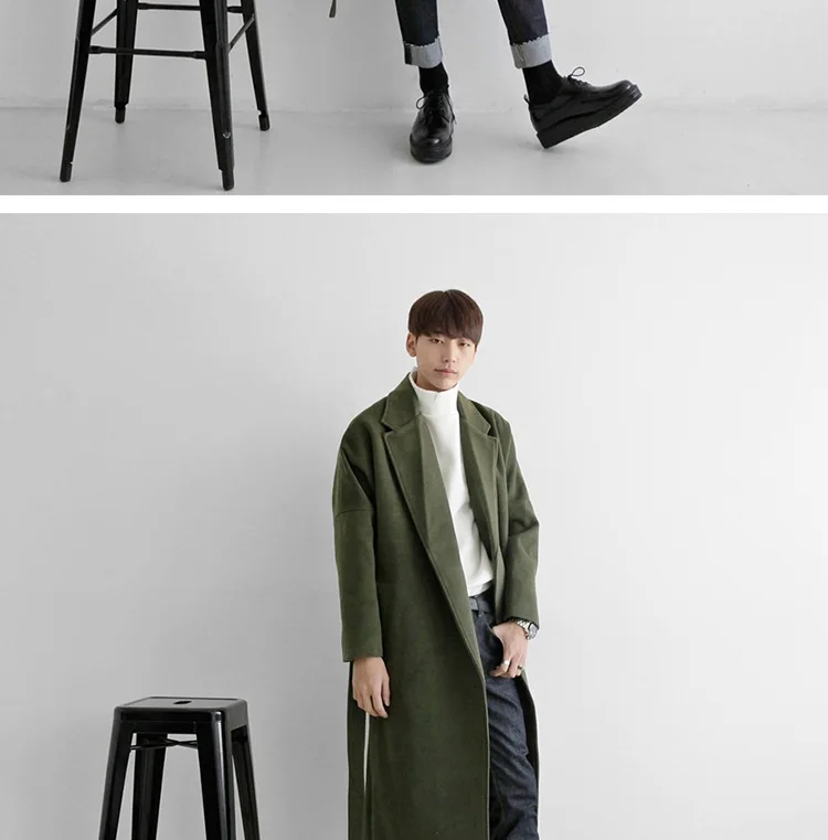 YASUGUOJI Cardigans Blends Coat with Belt Overcoat Male Winter Coat New Black Turn-down Collar Long Coat Men's Clothing