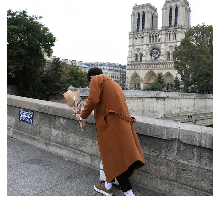 YASUGUOJI Cardigans Blends Coat with Belt Overcoat Male Winter Coat New Black Turn-down Collar Long Coat Men's Clothing
