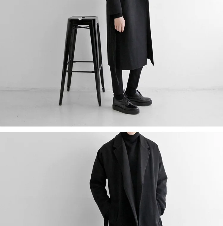 YASUGUOJI Cardigans Blends Coat with Belt Overcoat Male Winter Coat New Black Turn-down Collar Long Coat Men's Clothing