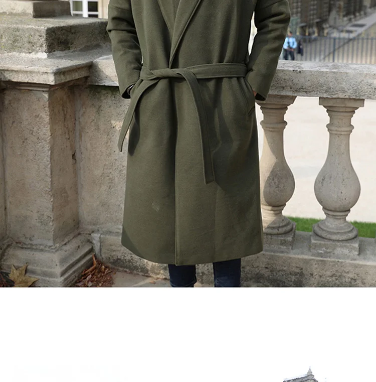 YASUGUOJI Cardigans Blends Coat with Belt Overcoat Male Winter Coat New Black Turn-down Collar Long Coat Men's Clothing