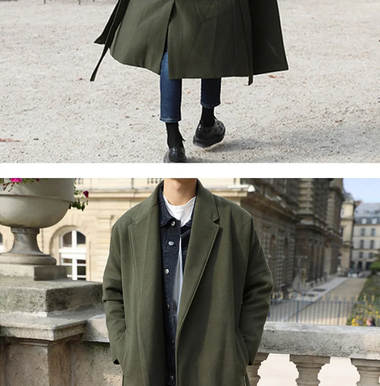 YASUGUOJI Cardigans Blends Coat with Belt Overcoat Male Winter Coat New Black Turn-down Collar Long Coat Men's Clothing