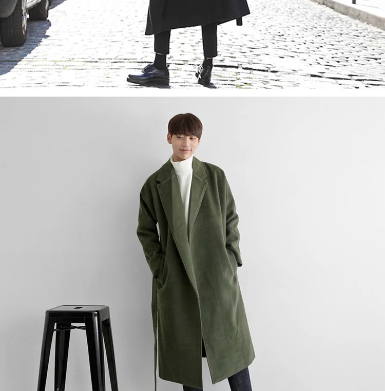 YASUGUOJI Cardigans Blends Coat with Belt Overcoat Male Winter Coat New Black Turn-down Collar Long Coat Men's Clothing