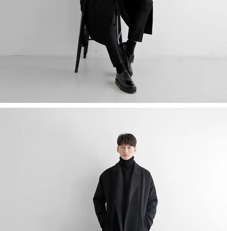 YASUGUOJI Cardigans Blends Coat with Belt Overcoat Male Winter Coat New Black Turn-down Collar Long Coat Men's Clothing