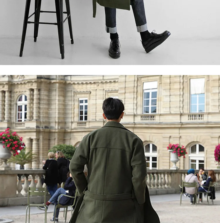 YASUGUOJI Cardigans Blends Coat with Belt Overcoat Male Winter Coat New Black Turn-down Collar Long Coat Men's Clothing