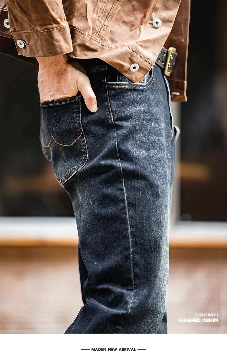 Maden Vintage 11.5oz Denim Washed Straight Jeans for Men Casual YKK Zipper Pants with Pockets Ethnic Design Plus Size Trousers