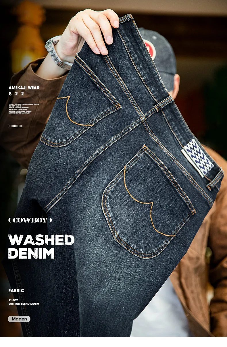 Maden Vintage 11.5oz Denim Washed Straight Jeans for Men Casual YKK Zipper Pants with Pockets Ethnic Design Plus Size Trousers