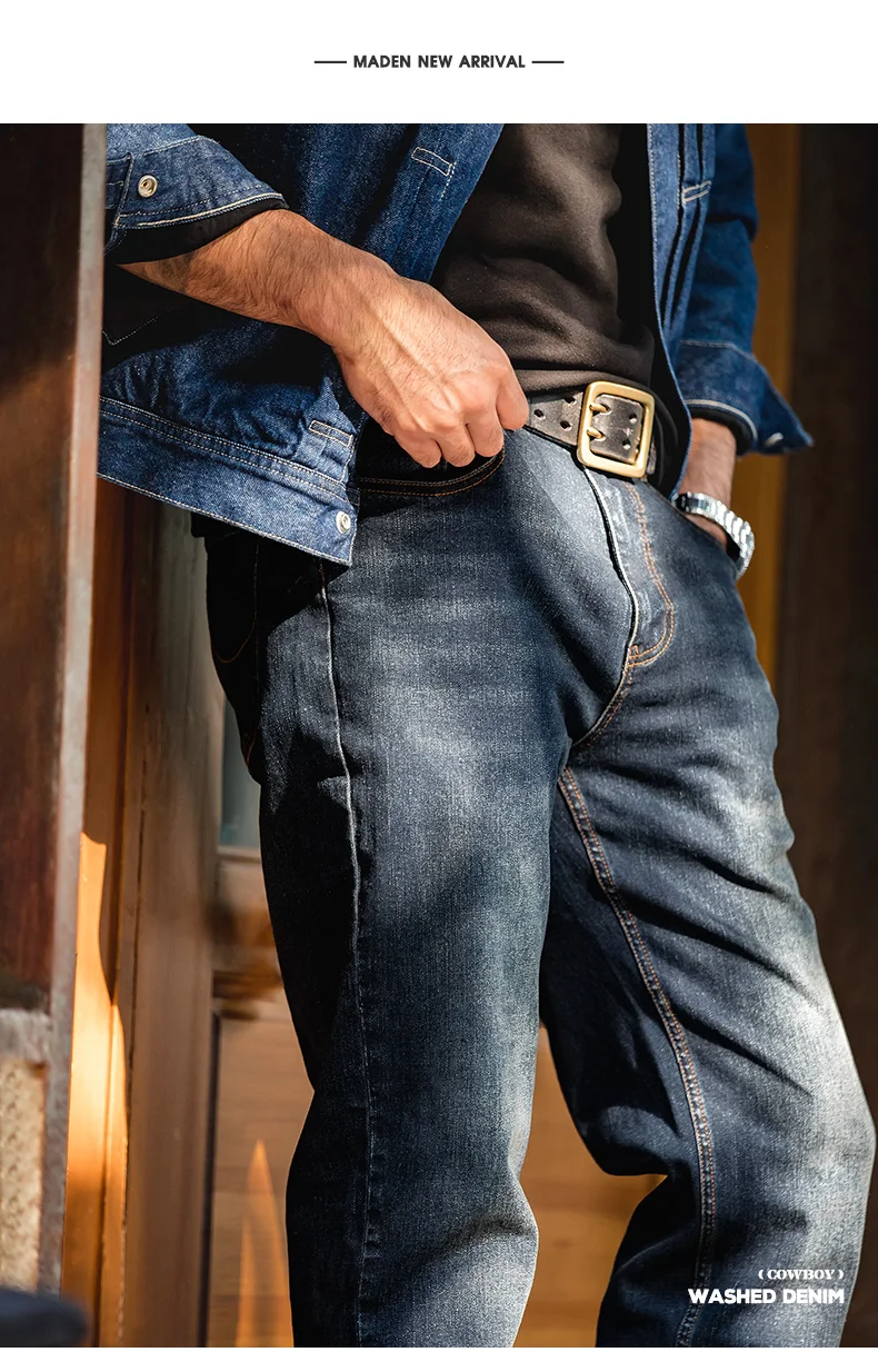 Maden Vintage 11.5oz Denim Washed Straight Jeans for Men Casual YKK Zipper Pants with Pockets Ethnic Design Plus Size Trousers