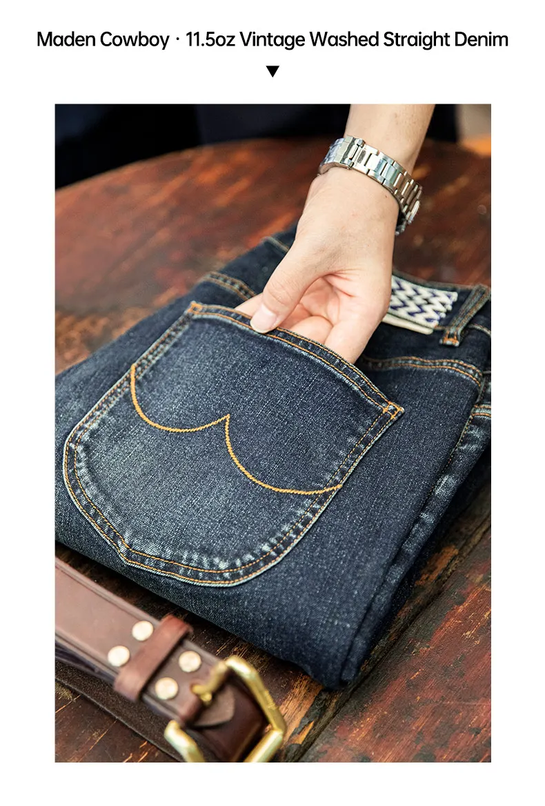 Maden Vintage 11.5oz Denim Washed Straight Jeans for Men Casual YKK Zipper Pants with Pockets Ethnic Design Plus Size Trousers