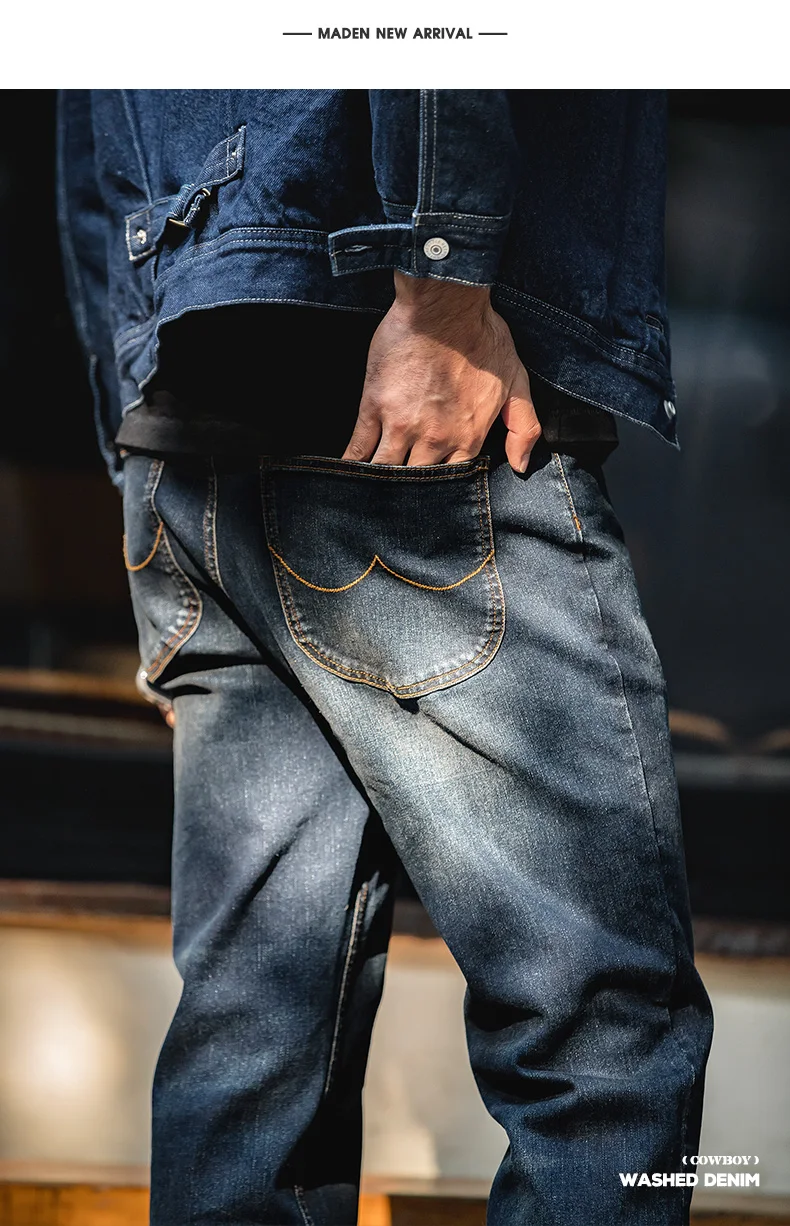 Maden Vintage 11.5oz Denim Washed Straight Jeans for Men Casual YKK Zipper Pants with Pockets Ethnic Design Plus Size Trousers