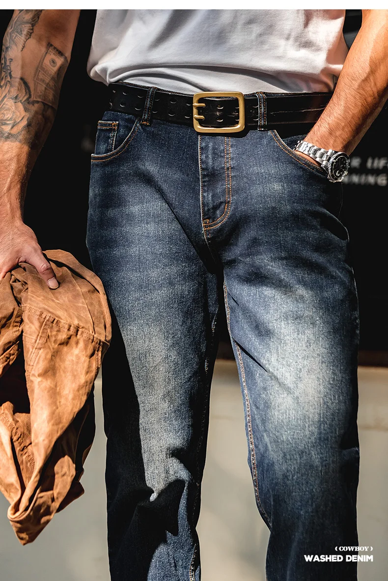 Maden Vintage 11.5oz Denim Washed Straight Jeans for Men Casual YKK Zipper Pants with Pockets Ethnic Design Plus Size Trousers