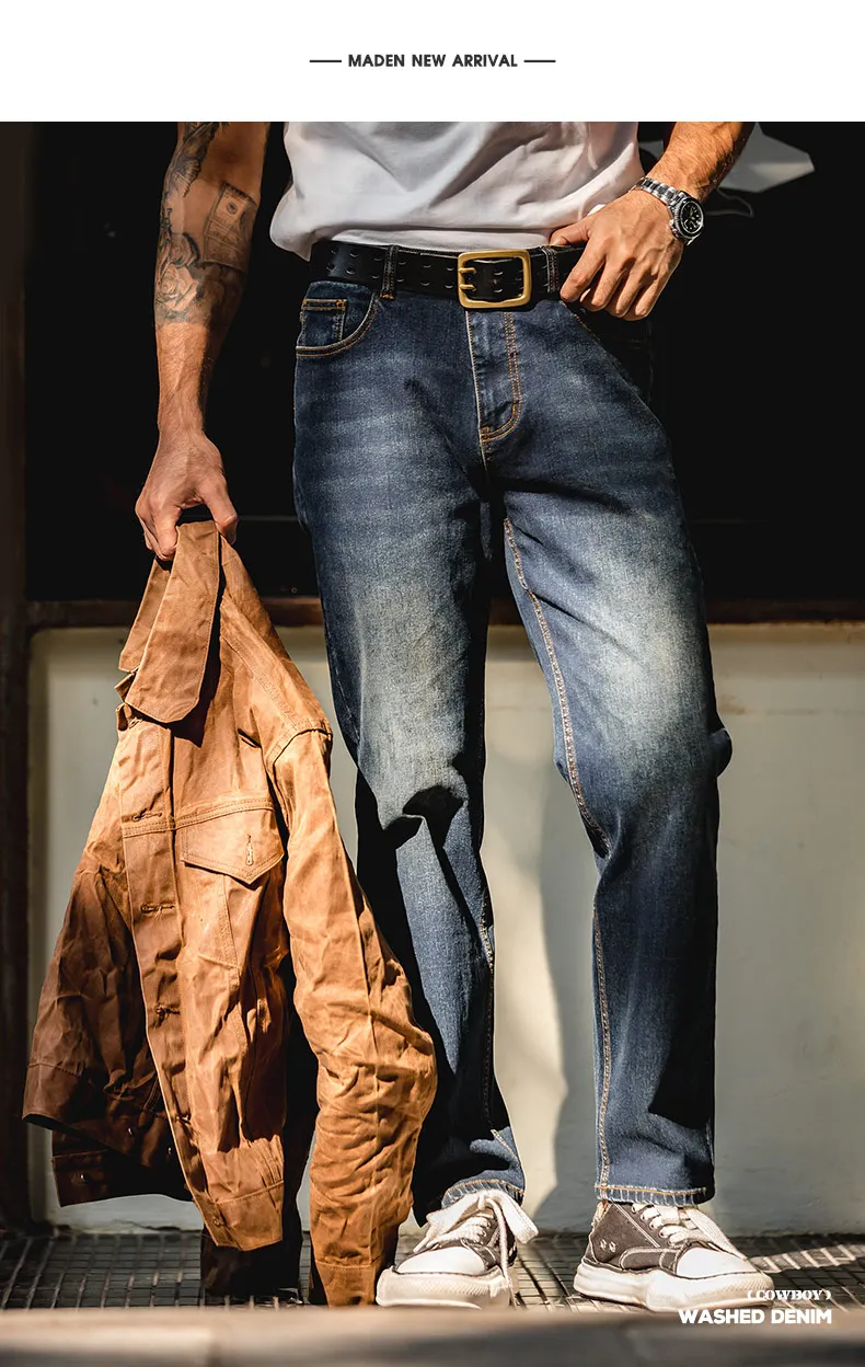 Maden Vintage 11.5oz Denim Washed Straight Jeans for Men Casual YKK Zipper Pants with Pockets Ethnic Design Plus Size Trousers
