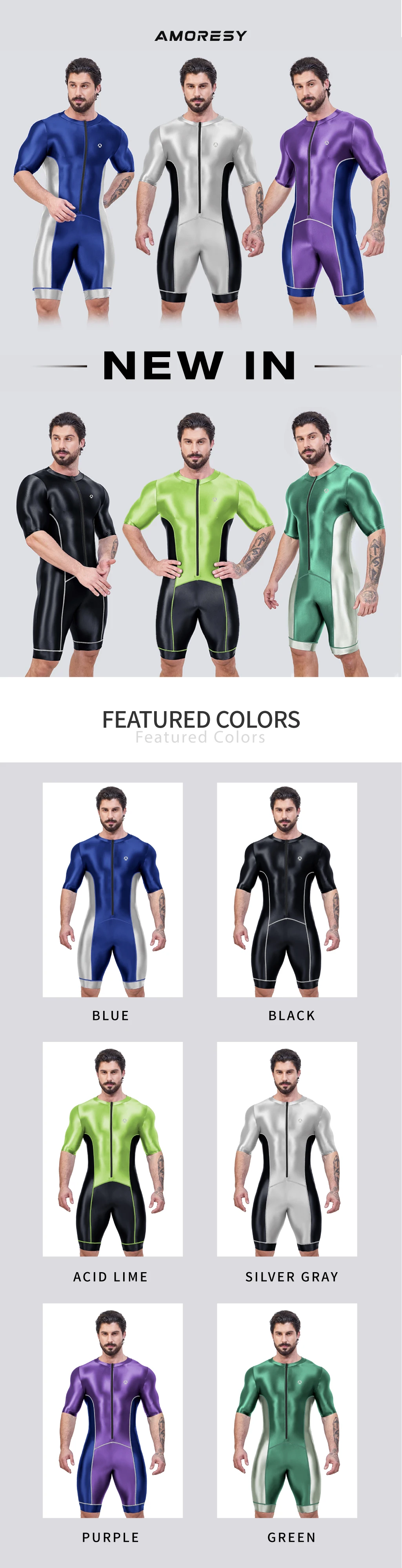 AMORESY Men Smooth Satin Running Catsuit Half Sleeve Bodysuit Yoga Sports Cycling Overalls Tracksuits Jumpsuits Running Leotards