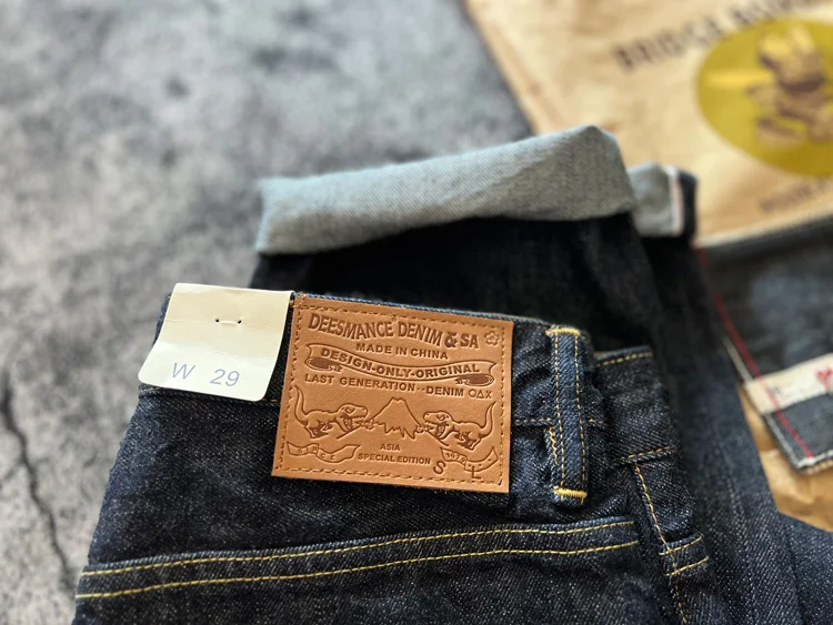 Indigo Heavyweight One Wash Raw Deep Blue Denim Jeans Men Autumn Spring Vintage Selvedge Hard Loose Straight Pants 100% Cotton
