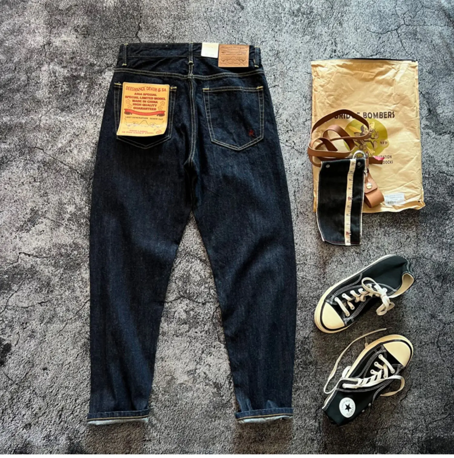 Indigo Heavyweight One Wash Raw Deep Blue Denim Jeans Men Autumn Spring Vintage Selvedge Hard Loose Straight Pants 100% Cotton