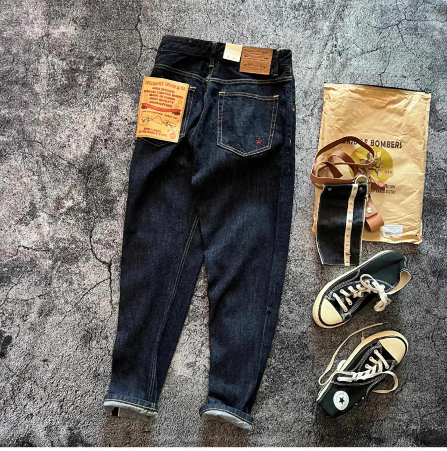 Indigo Heavyweight One Wash Raw Deep Blue Denim Jeans Men Autumn Spring Vintage Selvedge Hard Loose Straight Pants 100% Cotton