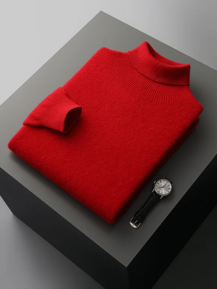 Autumn Winter Men's Wool Sweater Turtleneck Long Sleeve Pullover Smart Casual 100% Merino Wool Knitwear Soft Warm Jumper Clothes