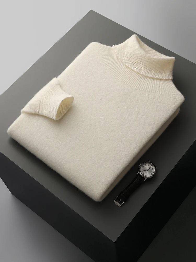 Autumn Winter Men's Wool Sweater Turtleneck Long Sleeve Pullover Smart Casual 100% Merino Wool Knitwear Soft Warm Jumper Clothes