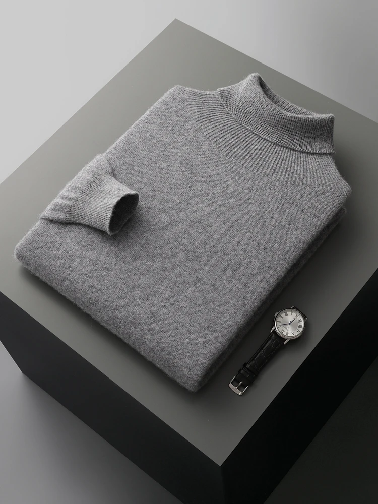 Autumn Winter Men's Wool Sweater Turtleneck Long Sleeve Pullover Smart Casual 100% Merino Wool Knitwear Soft Warm Jumper Clothes