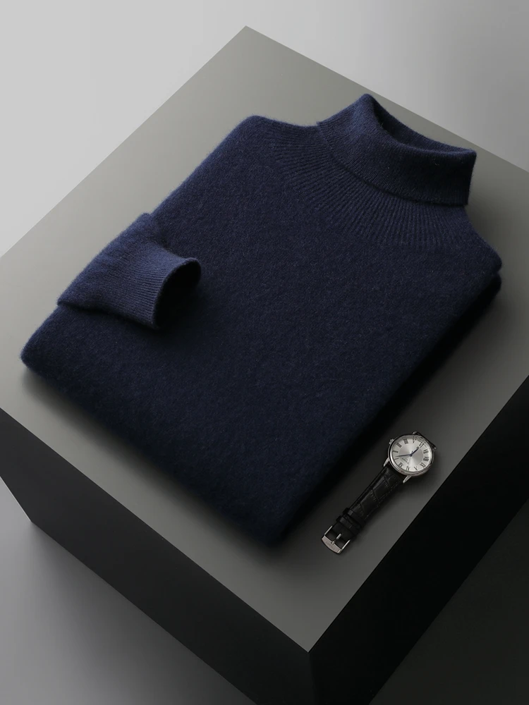Autumn Winter Men's Wool Sweater Turtleneck Long Sleeve Pullover Smart Casual 100% Merino Wool Knitwear Soft Warm Jumper Clothes