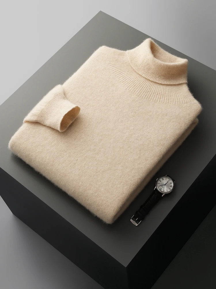 Autumn Winter Men's Wool Sweater Turtleneck Long Sleeve Pullover Smart Casual 100% Merino Wool Knitwear Soft Warm Jumper Clothes