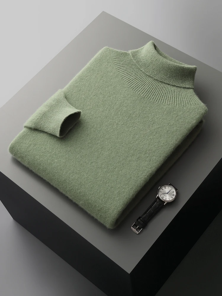 Autumn Winter Men's Wool Sweater Turtleneck Long Sleeve Pullover Smart Casual 100% Merino Wool Knitwear Soft Warm Jumper Clothes