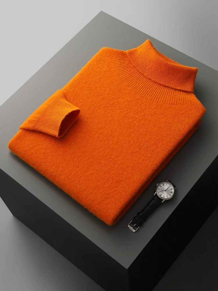 Autumn Winter Men's Wool Sweater Turtleneck Long Sleeve Pullover Smart Casual 100% Merino Wool Knitwear Soft Warm Jumper Clothes