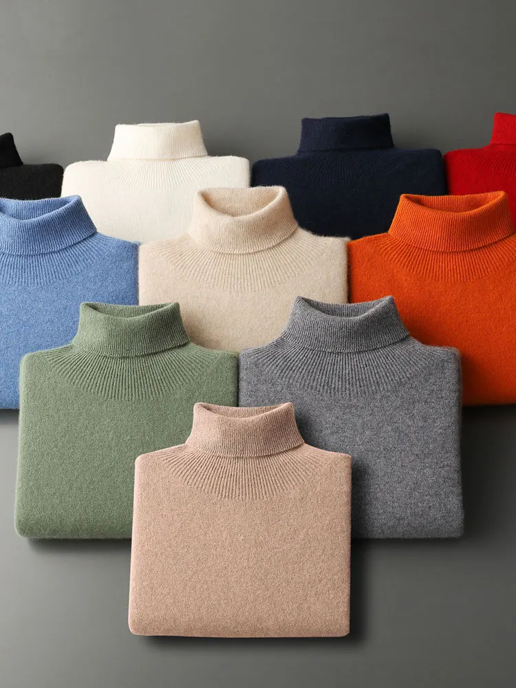 Autumn Winter Men's Wool Sweater Turtleneck Long Sleeve Pullover Smart Casual 100% Merino Wool Knitwear Soft Warm Jumper Clothes