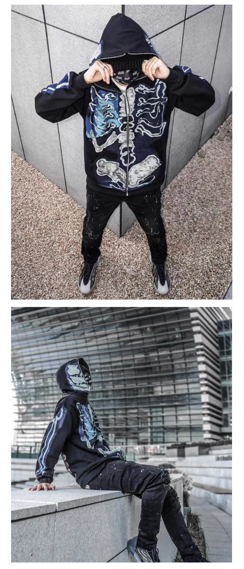 Cactus Jack Baggy Skull Skeleton Hoodie Zip Up Plush Pullover Cardigan Oversized Zipper Hoodies Y2k Streetwear Men Clothes