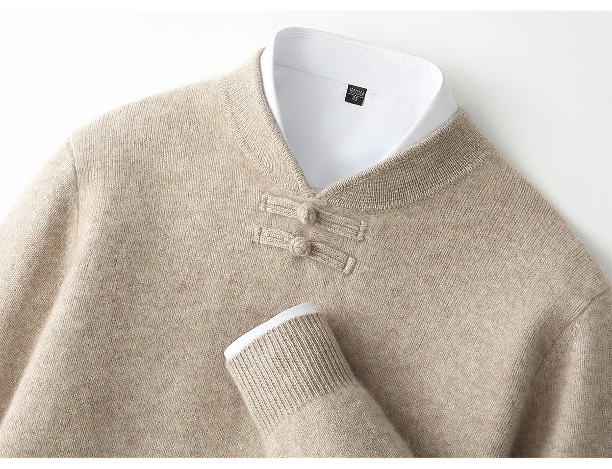 New Men 100% Merino Wool Sweater Long Sleeves Stand-up Collar Pullover Cashmere Soft Disk Buckle Clothing Warm Leisure Men's Top