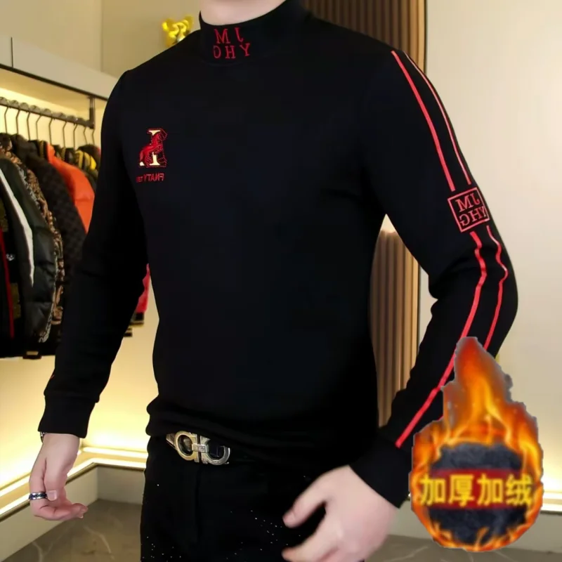 Winter Men's Semi High Neck Long Sleeved T-shirt Double-sided Velvet Thick Warm Tshirts Slim Casual Business Social Base Shirt