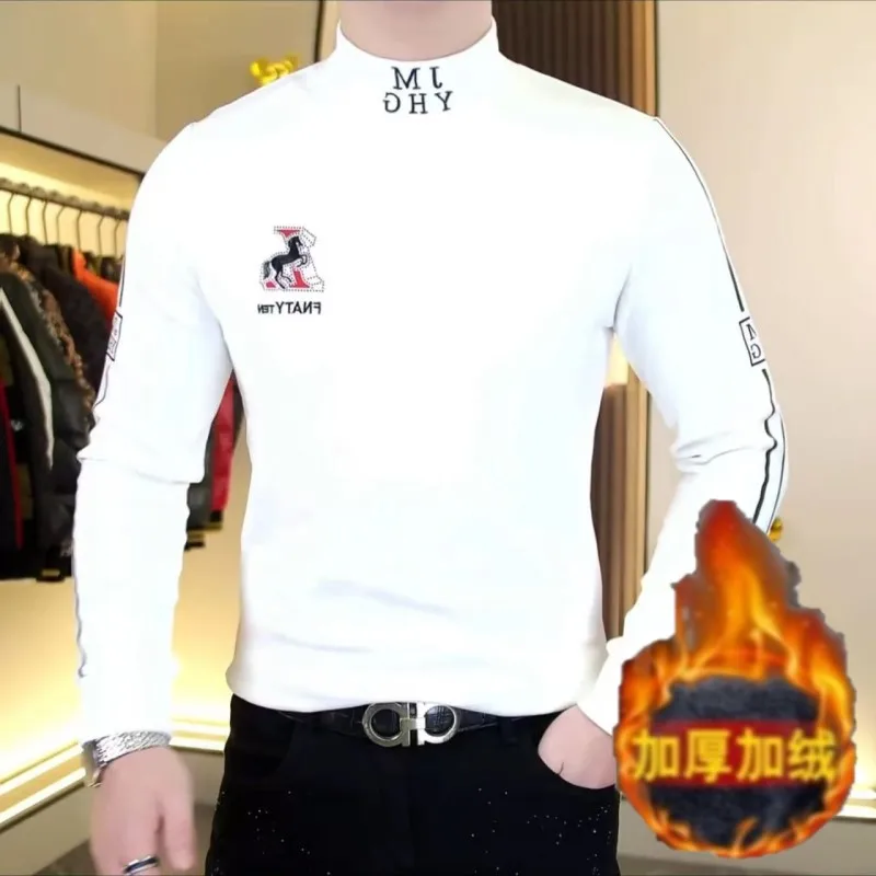 Winter Men's Semi High Neck Long Sleeved T-shirt Double-sided Velvet Thick Warm Tshirts Slim Casual Business Social Base Shirt