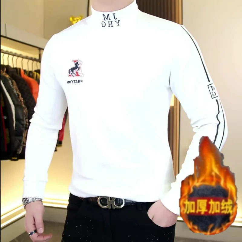 Winter Men's Semi High Neck Long Sleeved T-shirt Double-sided Velvet Thick Warm Tshirts Slim Casual Business Social Base Shirt