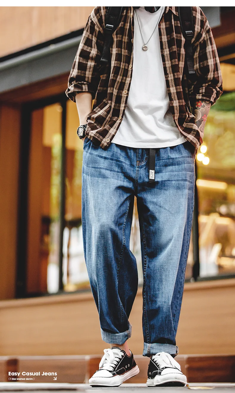 Maden Men Loose Casual Jeans 7.8OZ Washed Denim Mid Rise Stretchless Wide Leg Straight Pants Hombre Blue Jeans Plus Size
