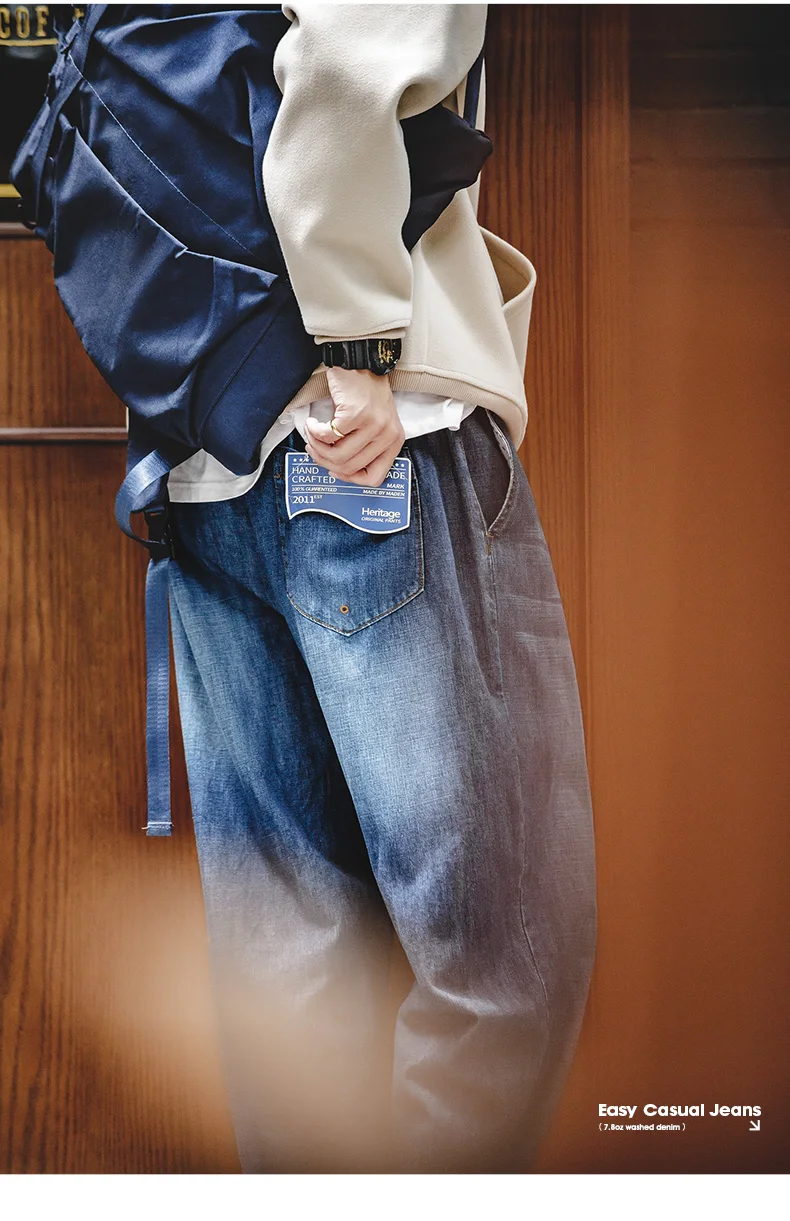 Maden Men Loose Casual Jeans 7.8OZ Washed Denim Mid Rise Stretchless Wide Leg Straight Pants Hombre Blue Jeans Plus Size