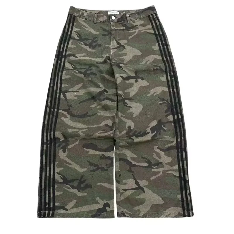 Retro Y2K Baggy Jeans Wide Leg Denim Pant Men's Camouflage Embroidered Striped Harajuku Sweatpants Women Hip Hop Streetwear Camo