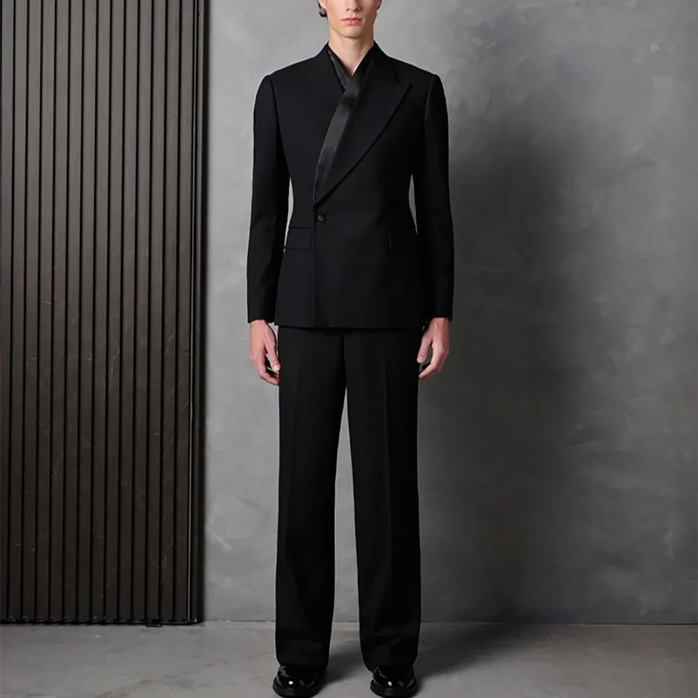 Tailor-Made Men's Suit Jacket Pants Chic Single Button Solid Black Elegant Blazer Gentleman Formal Party Prom Wedding Set