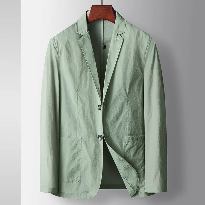 KIDWHXR Man Blazer Summer Thin Solid Turn Down Collar Male Outerwear Single-breasted Long Sleeve Pocket Casual Men Suit Coat