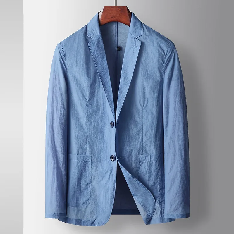 KIDWHXR Man Blazer Summer Thin Solid Turn Down Collar Male Outerwear Single-breasted Long Sleeve Pocket Casual Men Suit Coat