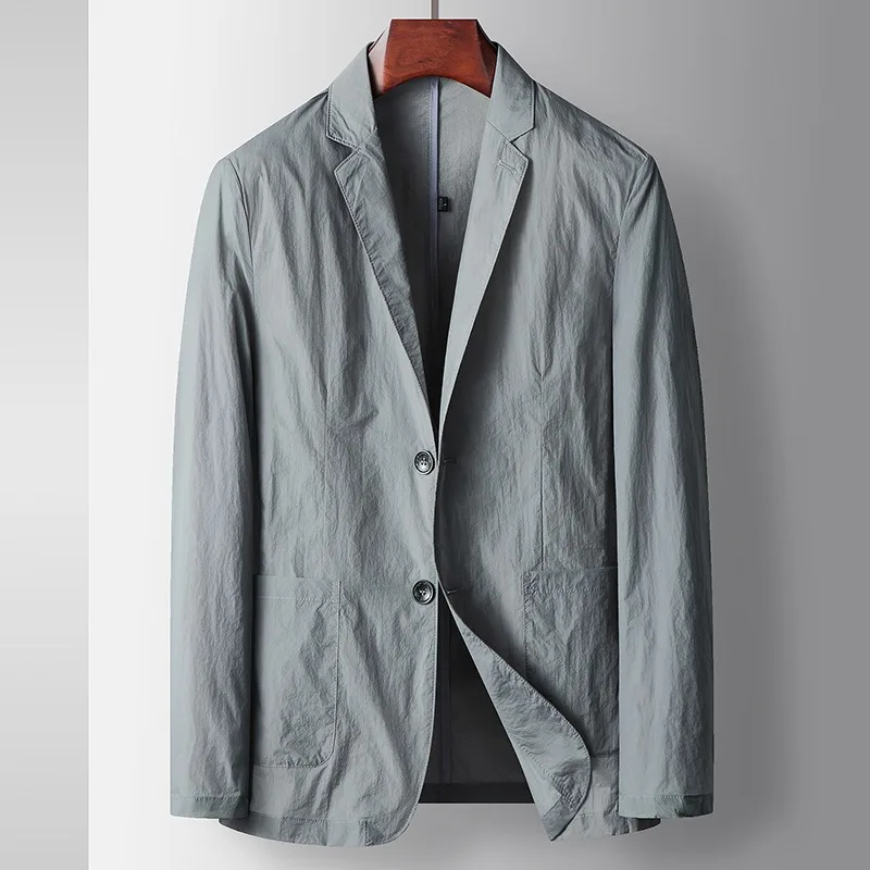 KIDWHXR Man Blazer Summer Thin Solid Turn Down Collar Male Outerwear Single-breasted Long Sleeve Pocket Casual Men Suit Coat