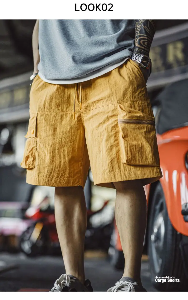 Maden Outdoor Yellow Cargo Shorts Men's Summer Quick-Dry Lightweight Sports Shorts with Drawstring Waist Multi-Pocket Bottoms