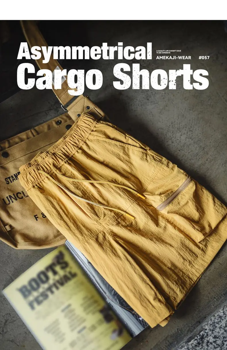 Maden Outdoor Yellow Cargo Shorts Men's Summer Quick-Dry Lightweight Sports Shorts with Drawstring Waist Multi-Pocket Bottoms
