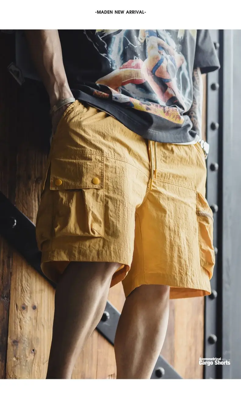 Maden Outdoor Yellow Cargo Shorts Men's Summer Quick-Dry Lightweight Sports Shorts with Drawstring Waist Multi-Pocket Bottoms