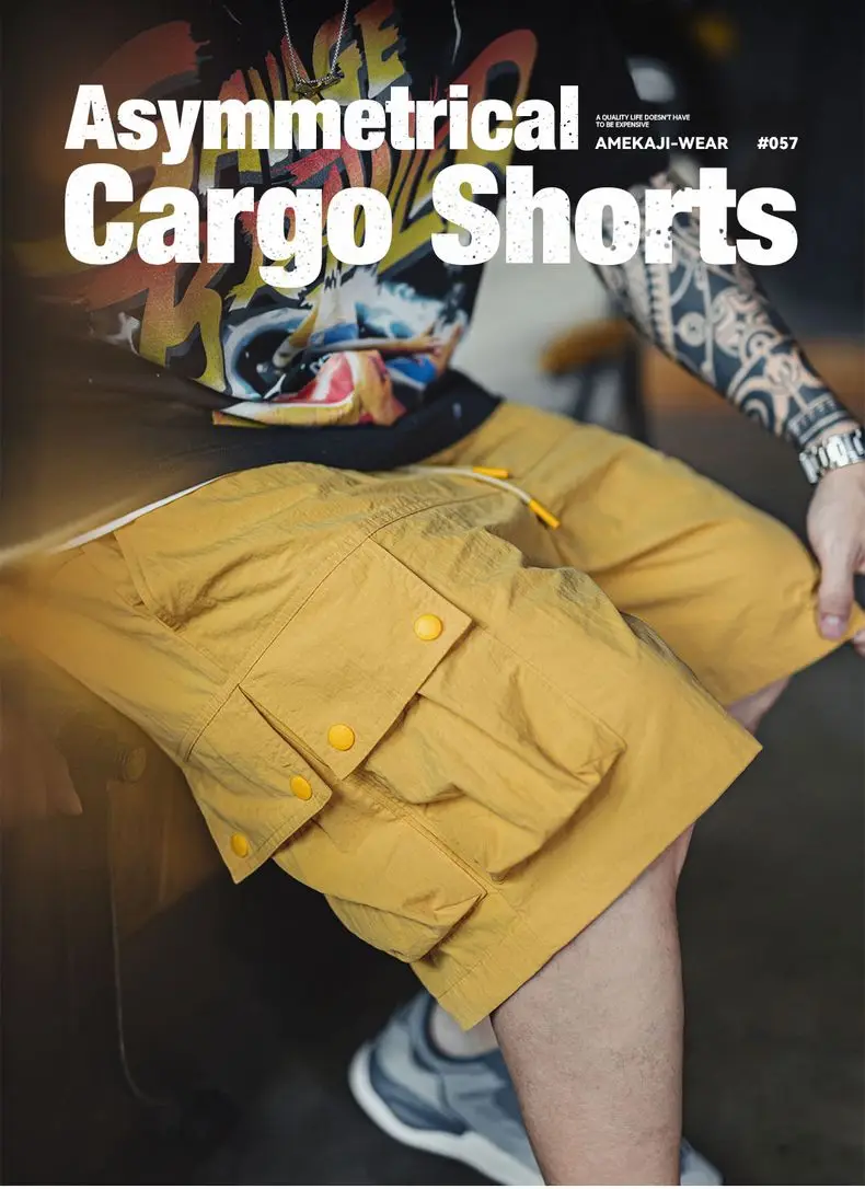 Maden Outdoor Yellow Cargo Shorts Men's Summer Quick-Dry Lightweight Sports Shorts with Drawstring Waist Multi-Pocket Bottoms