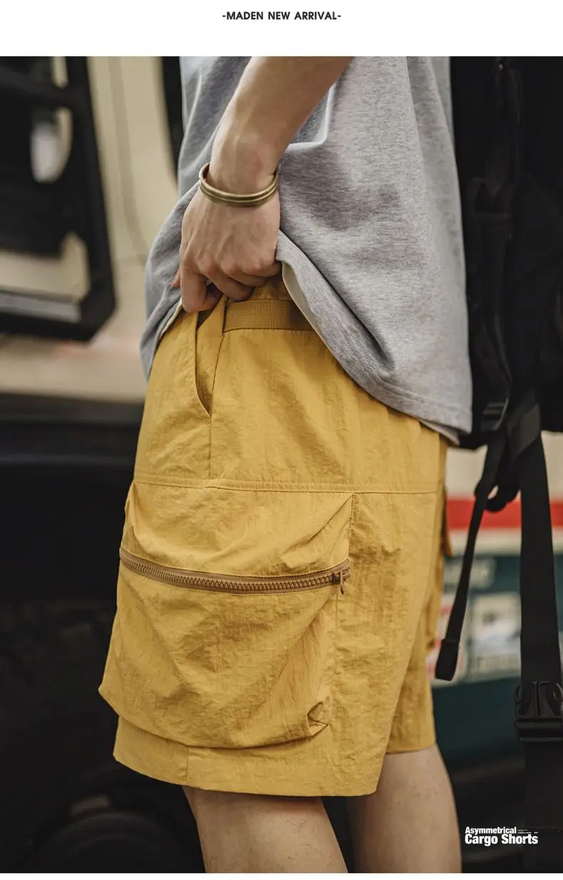 Maden Outdoor Yellow Cargo Shorts Men's Summer Quick-Dry Lightweight Sports Shorts with Drawstring Waist Multi-Pocket Bottoms