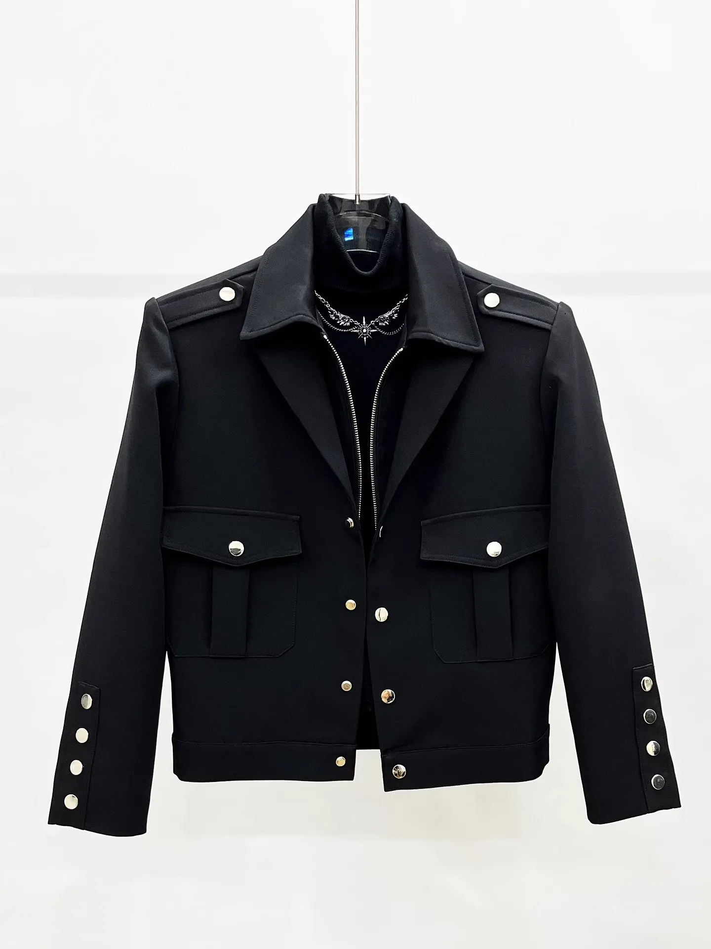 Men Vintage Double-Collar Short Jacket Spring Fall Coat with Zipper & Button Closure Casual Outerwear Techwear Streetwear