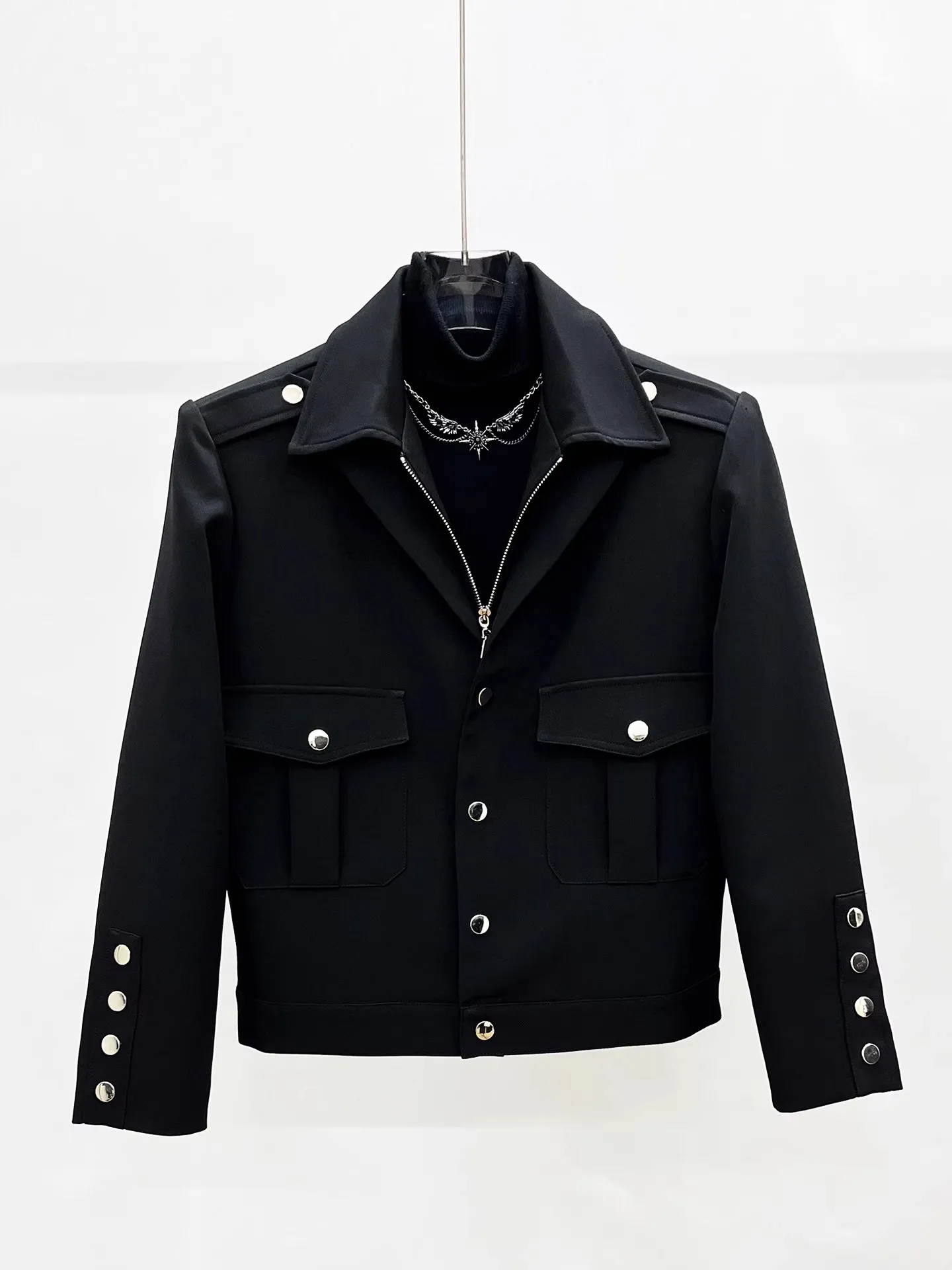 Men Vintage Double-Collar Short Jacket Spring Fall Coat with Zipper & Button Closure Casual Outerwear Techwear Streetwear