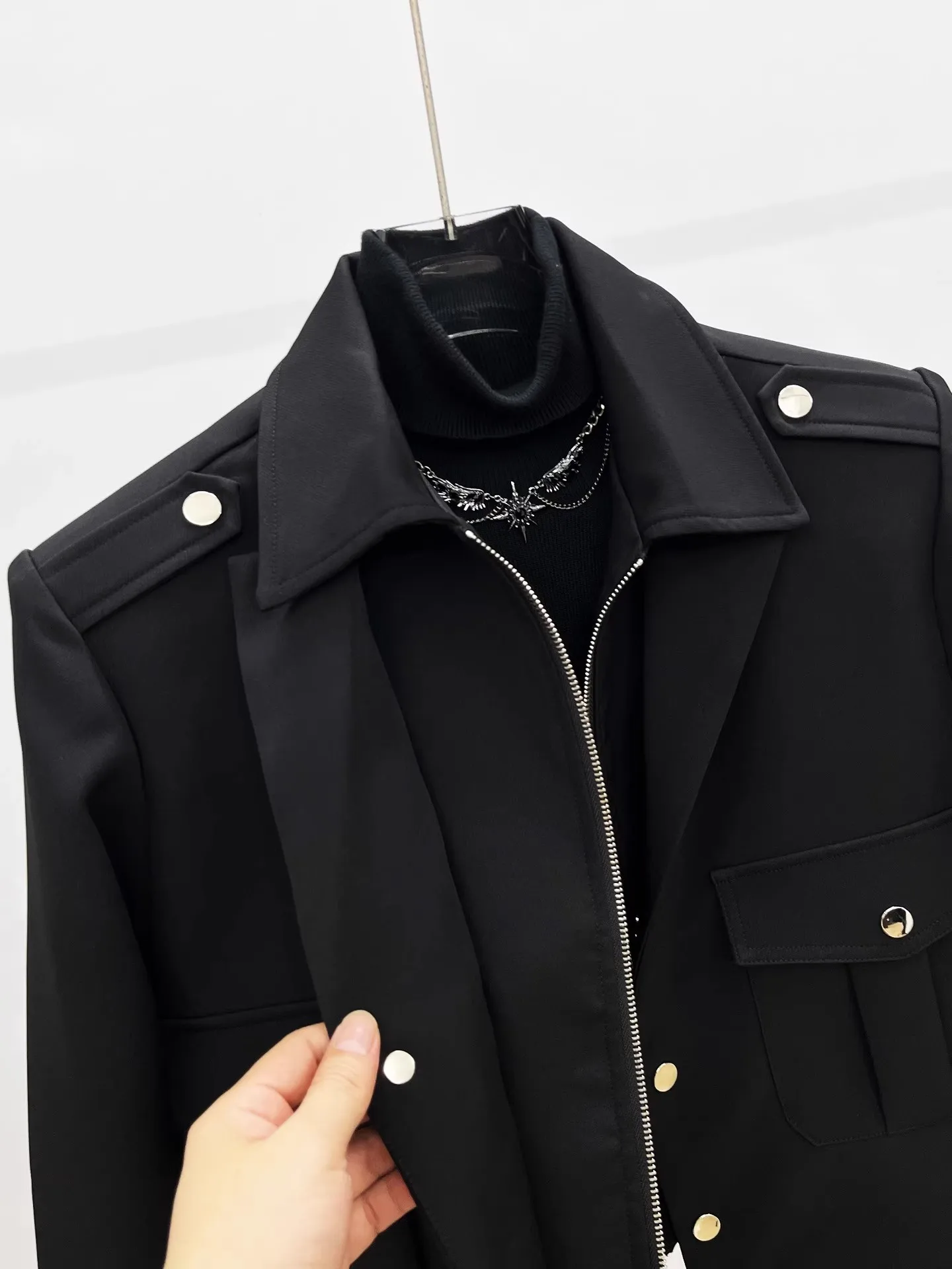 Men Vintage Double-Collar Short Jacket Spring Fall Coat with Zipper & Button Closure Casual Outerwear Techwear Streetwear
